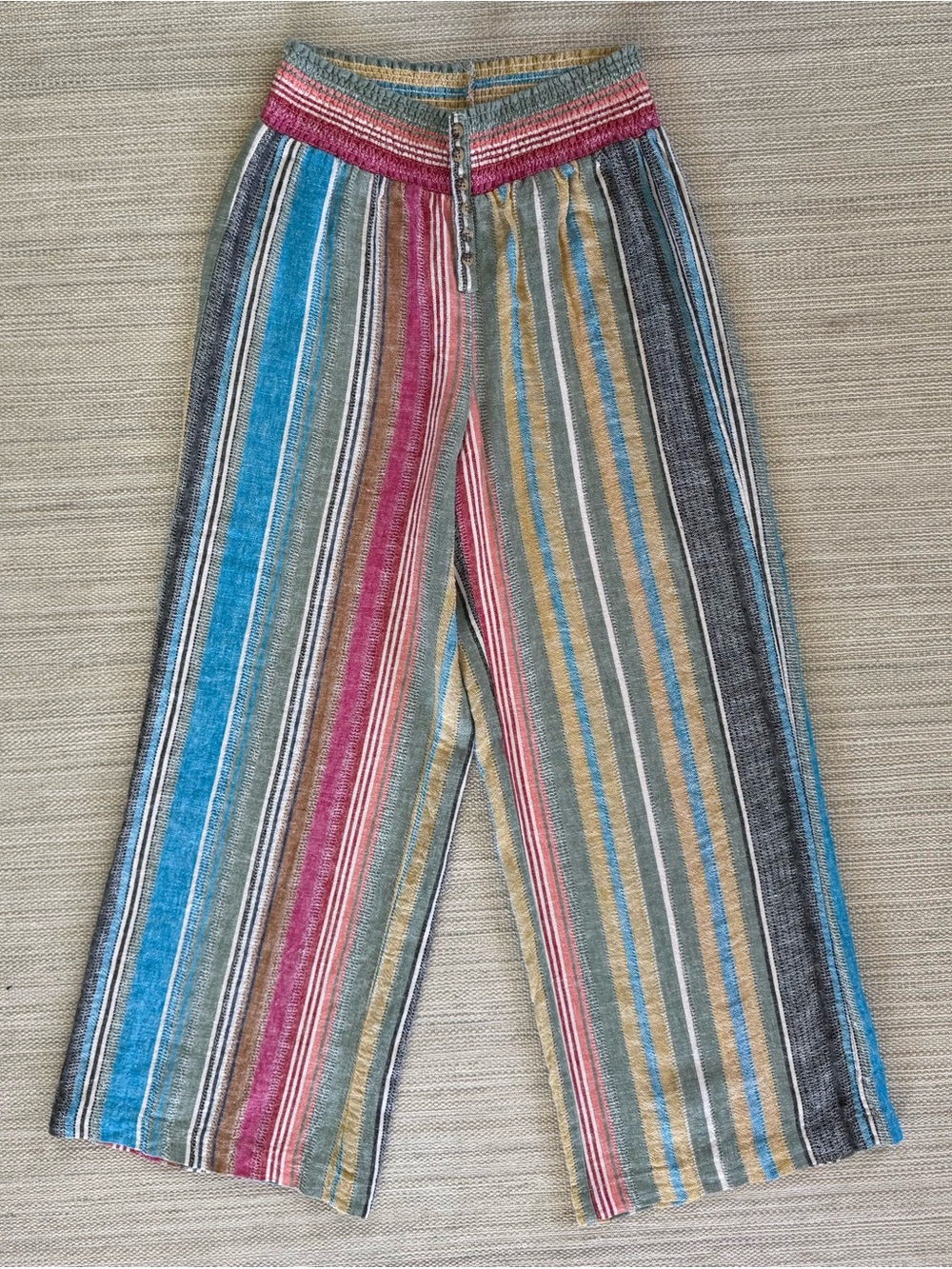 Indigo Rein linen vibrant‎ striped smocked waistband palazzo ankle pants women M